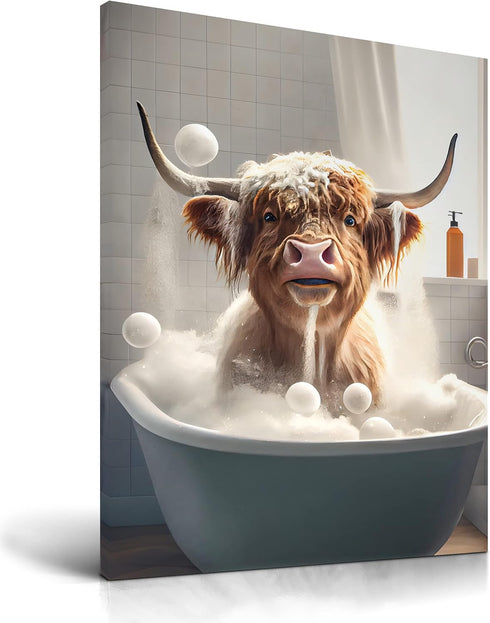UPWOIGH Highland Cow Wall Art, 12x16in Waterproof Wood Framed Canvas - Cute Funny Animal Bathing Abstract Prints