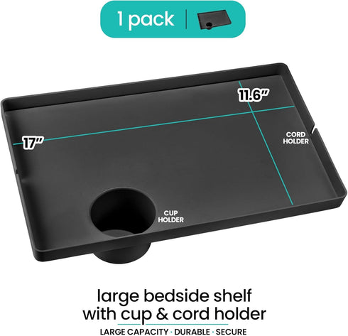 1 Count Modern Innovations Large Black Bedside Shelf for Bed, Clip On Nightstand with Cup Holder and Cord Holder