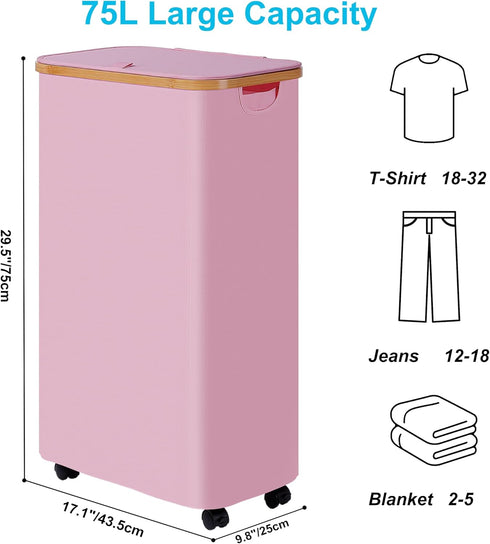 Slim Laundry Basket with Wheels, Rolling Basket with Lid and Removable Bag, 75L (19.8 Gallon) Pink