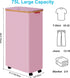 Slim Laundry Basket with Wheels, Rolling Basket with Lid and Removable Bag, 75L (19.8 Gallon) Pink