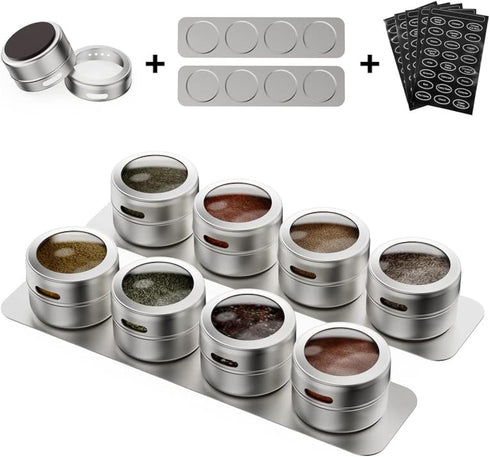 Vetacsion Set of 8 Magnetic Spice Tins with 2 Metal Wall-Plates,100 Preprinted