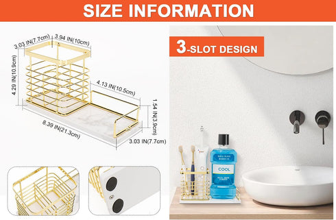 HarJue Toothbrush Holder, Luxurious Metal Toothbrush Toothpaste Holder with Marble Base for Bathroom, Multi-Slots