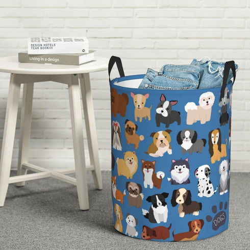 Cute Dogs Blue Round Laundry Hamper, Storage Basket for Toys, Clothes Organizer Bin for Home