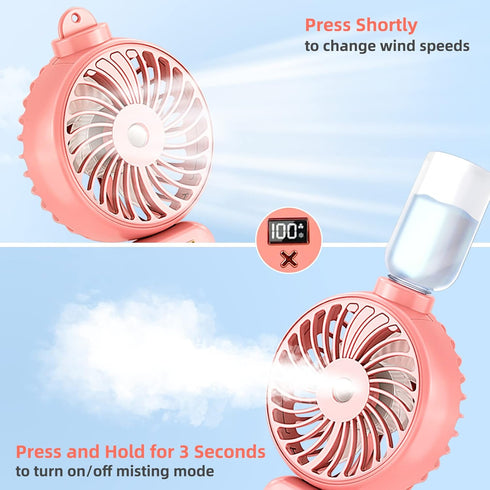 Handheld Fan Portable Misting Fan, Rechargeable Personal Mister with 5 Speeds, 3000mAh Battery, Pink