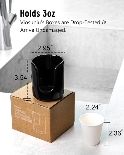 3 oz Original Ceramic Bathroom Cup Dispenser with 5 PLA Paper Cups, Black, 1 Pack, Essential Accessories for Mouthwash