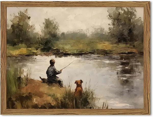 Vintage Wall Art, Boy Fishing Wall Decor Paintings, Dog and Boy Landscape