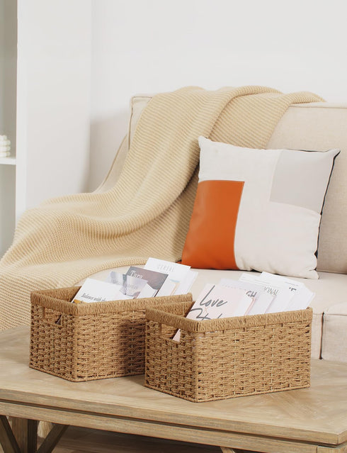 StorageWorks Round Paper Rope Storage Baskets, Medium Rectangular Wicker Baskets with Built-in Handles, 2-Pack, 13 ¼ x