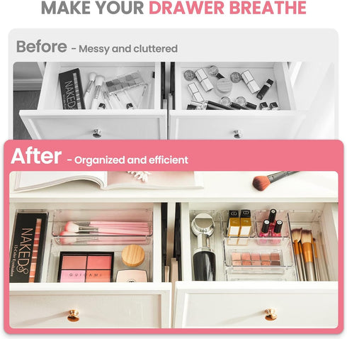 HOUSE DAY Makeup Drawer Organizer Trays - 24 PCS Clear Organizers with Silicone Pads for Desk, Bathroom, Kitchen