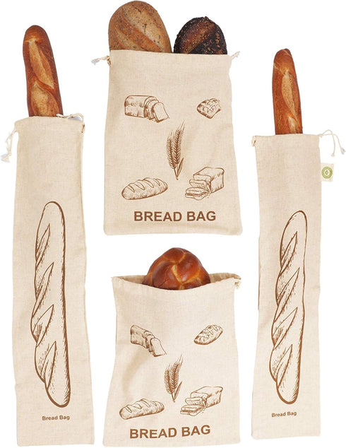Reusable Bread Bags for Homemade Bread, 100% Organic Linen, 2 Large and 2 Extra Large Cloth Storage Bags