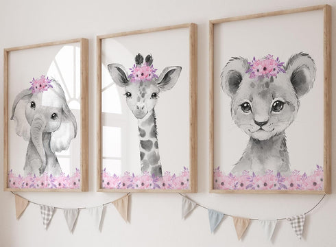 Safari Animals Baby Girls Nursery Set of 3 Unframed Wall Art Prints,