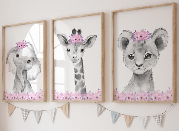Safari Animals Baby Girls Nursery Set of 3 Unframed Wall Art Prints,