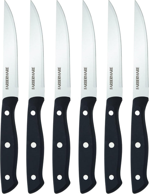 Farberware 6-Piece Triple Riveted Steak Knife Set, High-Carbon Stainless Steel, Razor-Sharp Fine Edge Blades, Black