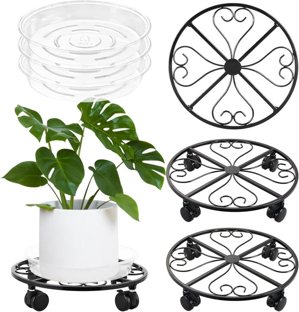 lucpur 3 Pack Plant Caddy with Wheels, 12 Inch Metal Plant Stand with