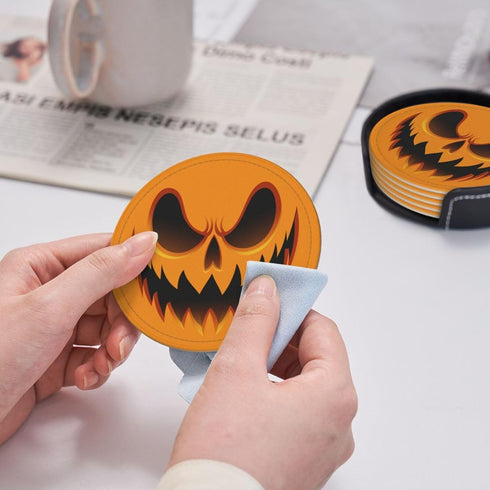 6 Pcs Halloween Pumpkin Drink Coasters with Holder Coasters for Drinks Coffee Table Home Decor Housewarming Gift