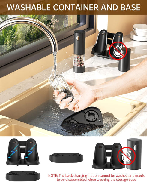 CIRCLE JOY Electric Salt and Pepper Grinder Set, Automatic with Charging Base, LED Light, Adjustable Coarseness, Black