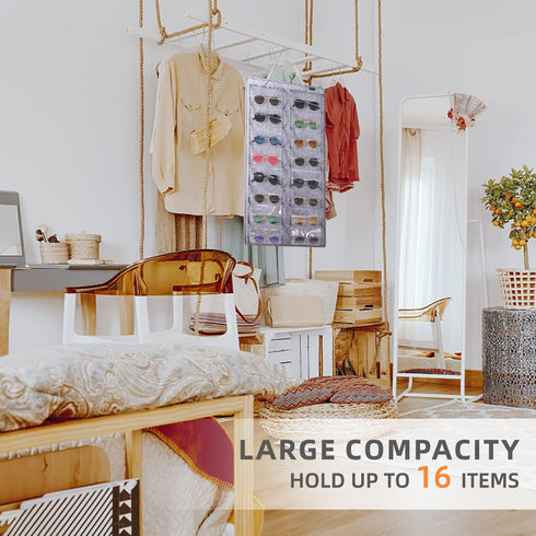 Sunglasses Organizer Storage, 16 Slots Wall Pocket Display, Dust-Proof Eyewear Hanging on Door