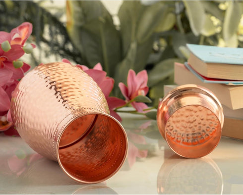 Indian Art Villa Pure Copper Bedroom Water Bottle with Inbuilt Glass & Hammered Shine Design, 32 Oz