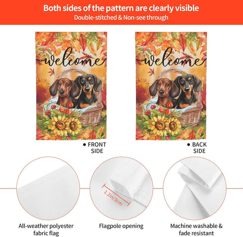 Welcome Fall Dachshund Dog Sunflower Garden Flag, 12x18 Inch Double Sided Vertical Decoration for Outside Holiday