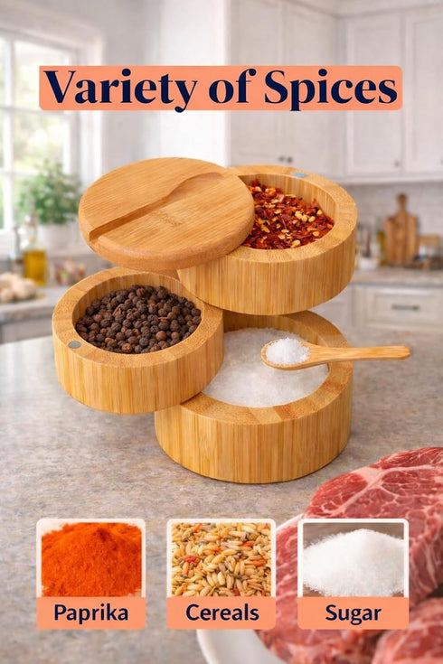 Generic 3-Tier 10.15 oz Bamboo Salt Cellar with Magnetic Lid and Spoon Larger Capacity Ideal for Celtic Sea Salt