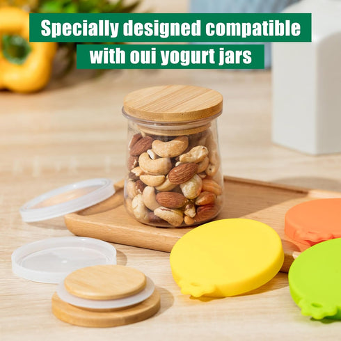 27 Mumufy Pcs Yogurt Jar Lids Clear Plastic Silicone Bamboo Wood Container Lids with Silicone Sealing Rings Reusable