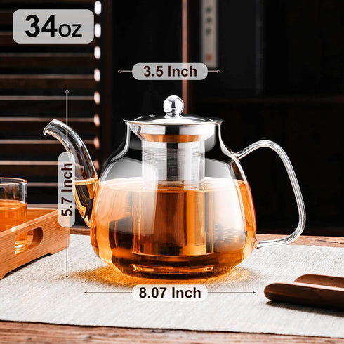 PARACITY Glass Teapot Stovetop 34 OZ, Borosilicate Clear Tea Kettle with Removable 18/8 Stainless Steel Infuser, Teapot Blooming and Loose Leaf Tea Maker Tea Brewer for Camping, Travel by PARACITY