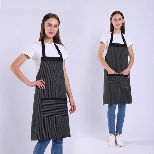Aprons for Women and Men, Kitchen Chef Apron with 2 Pockets, Adjustable Bib Apron, Black/White Pinstripe