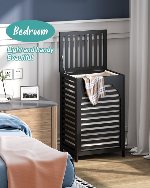 Black Laundry Hamper with Lid, 22.5 Gallon (85L) Bamboo Wood Clothes Basket, Removable Liner and Handles