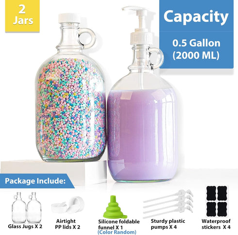 2 Pack 64 Oz Sovietiep Laundry Detergent Dispenser with Pump and Lid - Half Gallon Glass Pump Bottle for Laundry Soap
