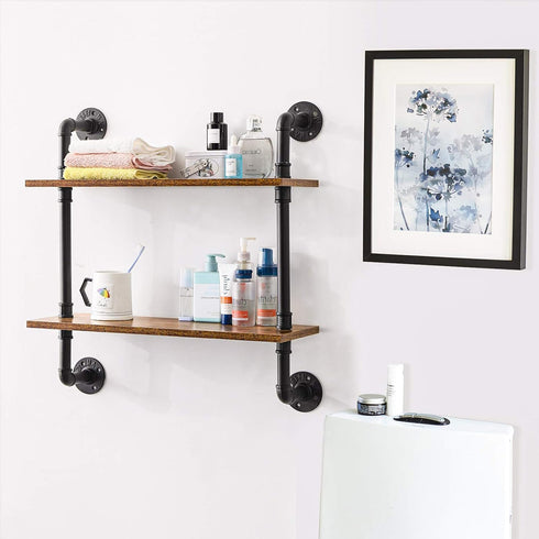 IBUYKE 26" Pipe Floating Shelves, 2-Tiers Industrial Wall Mount Bookshelf, Metal Bracket Storage Shelf for Home