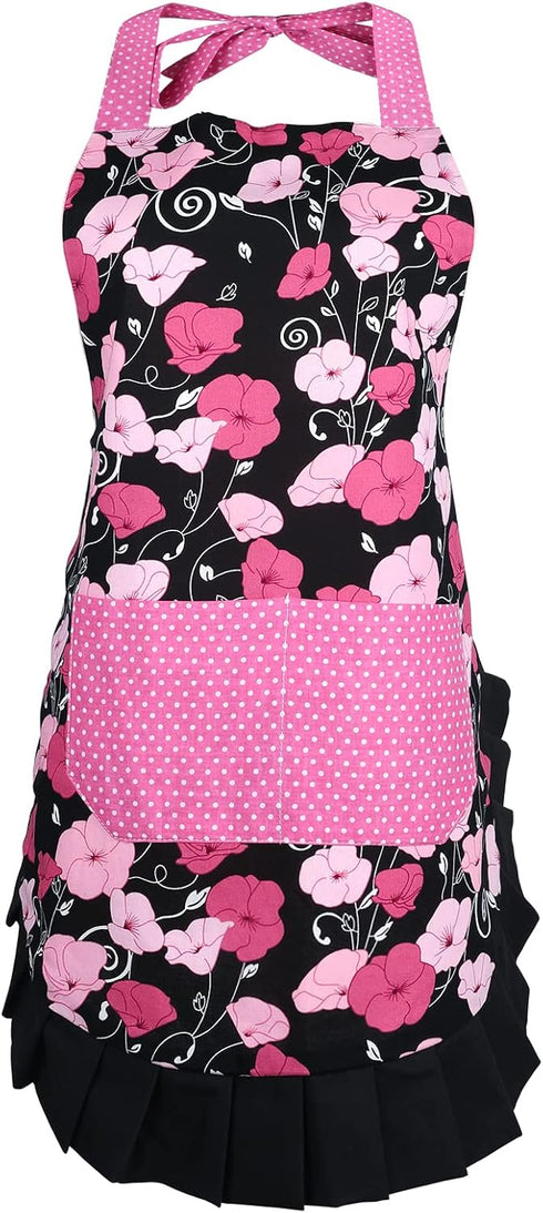 G2PLUS Vintage Damask Mothers Apron for Women, Extra Long Ties, Pockets, 29 x 21 Inch, Perfect for Cooking, Baking,