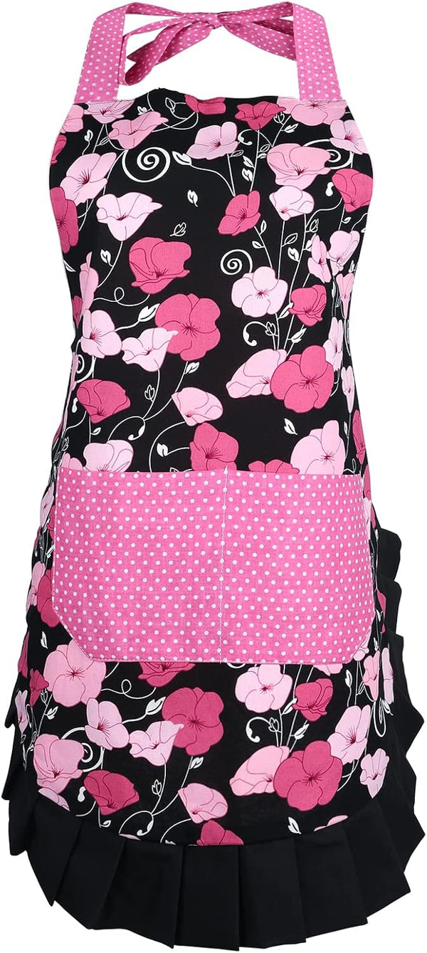 G2PLUS Vintage Damask Mothers Apron for Women, Extra Long Ties, Pockets, 29 x 21 Inch, Perfect for Cooking, Baking,
