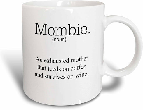 3dRose Mombie - An Exhausted Mother That Feeds on Wine and Coffee - Two Tone Blue Mug, 11oz