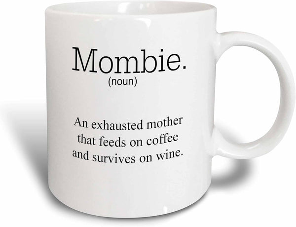 3dRose Mombie - An Exhausted Mother That Feeds on Wine and Coffee - Two Tone Blue Mug, 11oz