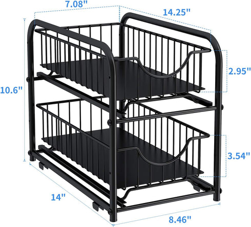 AIYAKA Pull-out Cabinet Organizer, Stackable 2-tier Under Sink Rack with Sliding Storage Drawer for Bathroom, Kitchen,