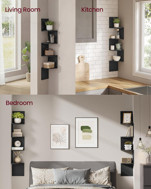 Set 2, 4-Tier VASAGLE of Corner Shelves Wall Mount, Floating Corner Bookshelves, Plant Shelves for Bedroom, Living