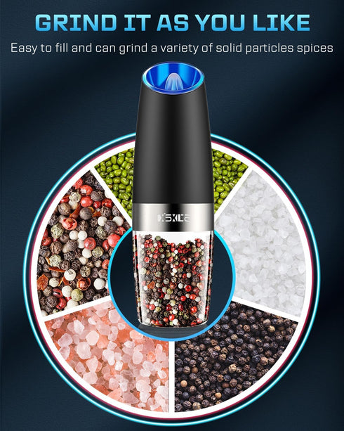 XinXu Gravity Automatic Electric Pepper and Salt Grinder, Auto Mill Shaker, Stainless Steel, Black with Blue LED Light