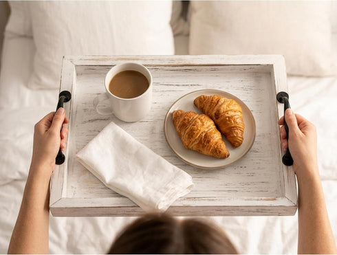 2 Rustic Serving Tray with Handles - Nesting Trays for Serving Food - Wooden Tray for Decor, Coffee Table & Ottoman