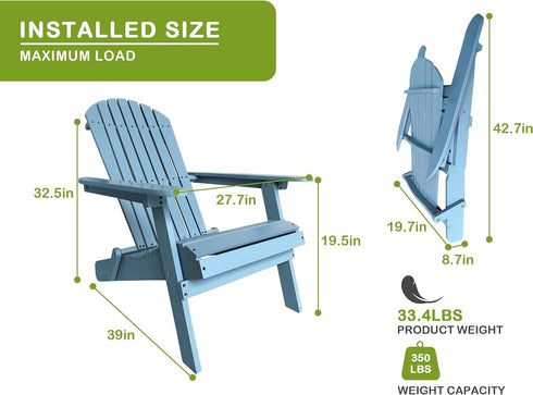 Set, 250 Lbs Folding Adirondack Chairs Solid Wood Outdoor Chairs with Wide Armrests, Turquoise Grey, Capacity