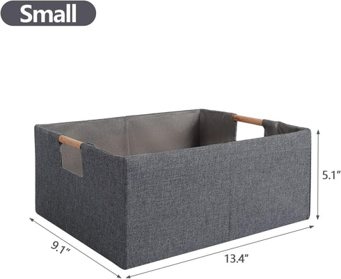 Foldable Fabric Storage Bin Box - Cotton Linen Storage Basket with Wooden Handles, Small Gray Decorative Organizer