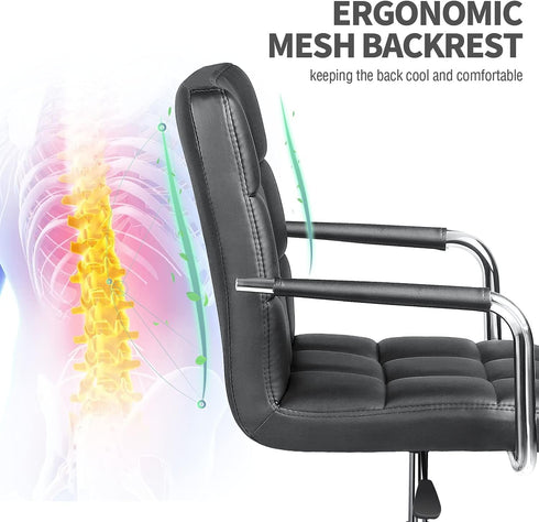 Kemon Ergonomic Mid Back Desk Chair with Armrests - Adjustable Height, Black PU Leather