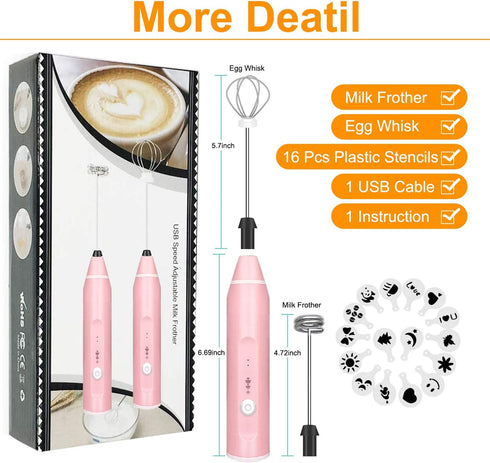 Milk Frother Handheld, Gbivbe Rechargeable Whisk Drink Mixer for Coffee with Art Stencils, Mini Foamer for Cappuccino
