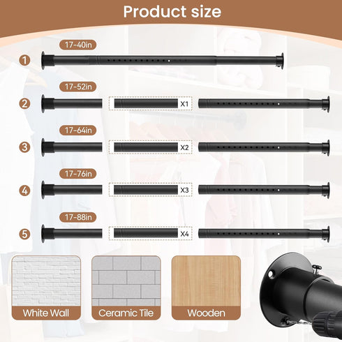 Metal Black Closet Rods for Hanging Clothes, 1.3 Inch Diameter Heavy Duty Adjustable Bar for Closet and Bathroom