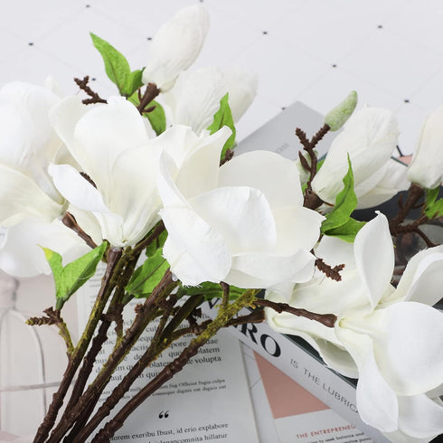 DULRLLY 6Pcs Artificial Magnolia Flowers - Real Touch White Silk Magnolia Bouquet for Home Decor