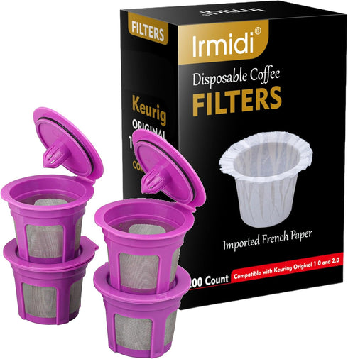 100 Count Disposable Coffee Paper Filters with 4 Pack Reusable K Cup Pods, Compatible with Keurig Brewers