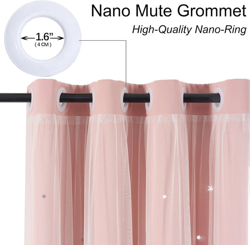 84 Inch 1 Light Pink Curtains Blackout for Girls Bedroom - Aesthetic Star Cutout Double Layer with White Sheer Overlay