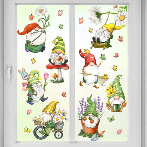 Mfault 9 Sheets Spring Gnomes Flowers Window Clings, Floral Glass Stickers Decals for Home Kitchen Decor