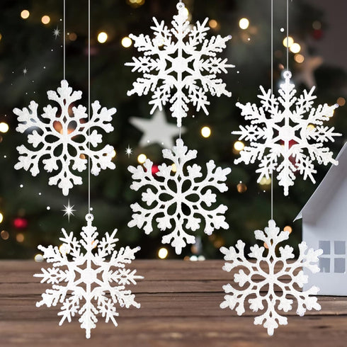 White Snowflake Ornaments - 6 Pack Large Plastic Decorations for Christmas Tree, Winter Wonderland