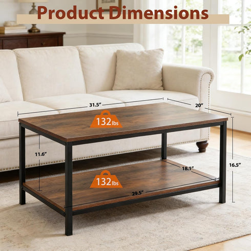2-Tier SUPER DEAL Industrial Coffee Table with Storage Shelf for Small Apartment Living Room, Rectangle Wood and Stable