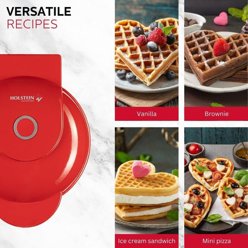 Holstein Housewares Personal Non-Stick Heart Waffle Maker, Red - 4-inch Waffles Ready in Minutes