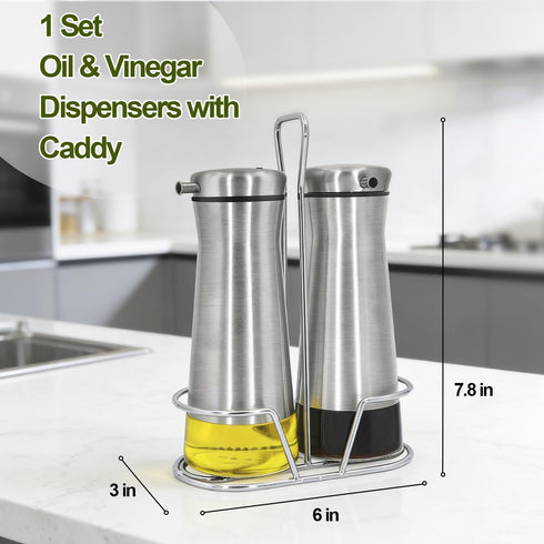 Set 2 Pack Aelga Oil And Vinegar Dispenser with Caddy - Oil Dispenser Bottle for Kitchen with No-Drip - Kitchen Decor